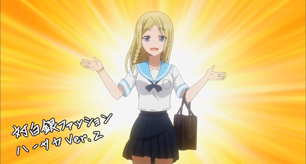 hayasaka ai, smithee a. haysaca, kaguya-sama wa kokurasetai ~tensai-tachi no renai zunousen~, anime screenshot, lowres, translation request, 1girl, bag, black neckerchief, blonde hair, blue eyes, blue sailor collar, blue skirt, breast pocket, breasts, brown bag, collarbone, colorful background, dot nose, female focus, japanese text, legs, long hair, looking at viewer, medium breasts, miniskirt, neckerchief, open mouth, pleated skirt, pocket, sailor collar, school bag, school uniform, serafuku, short sleeves, skirt, smile, solo, solo focus, thighs focus, watch, white serafuku
