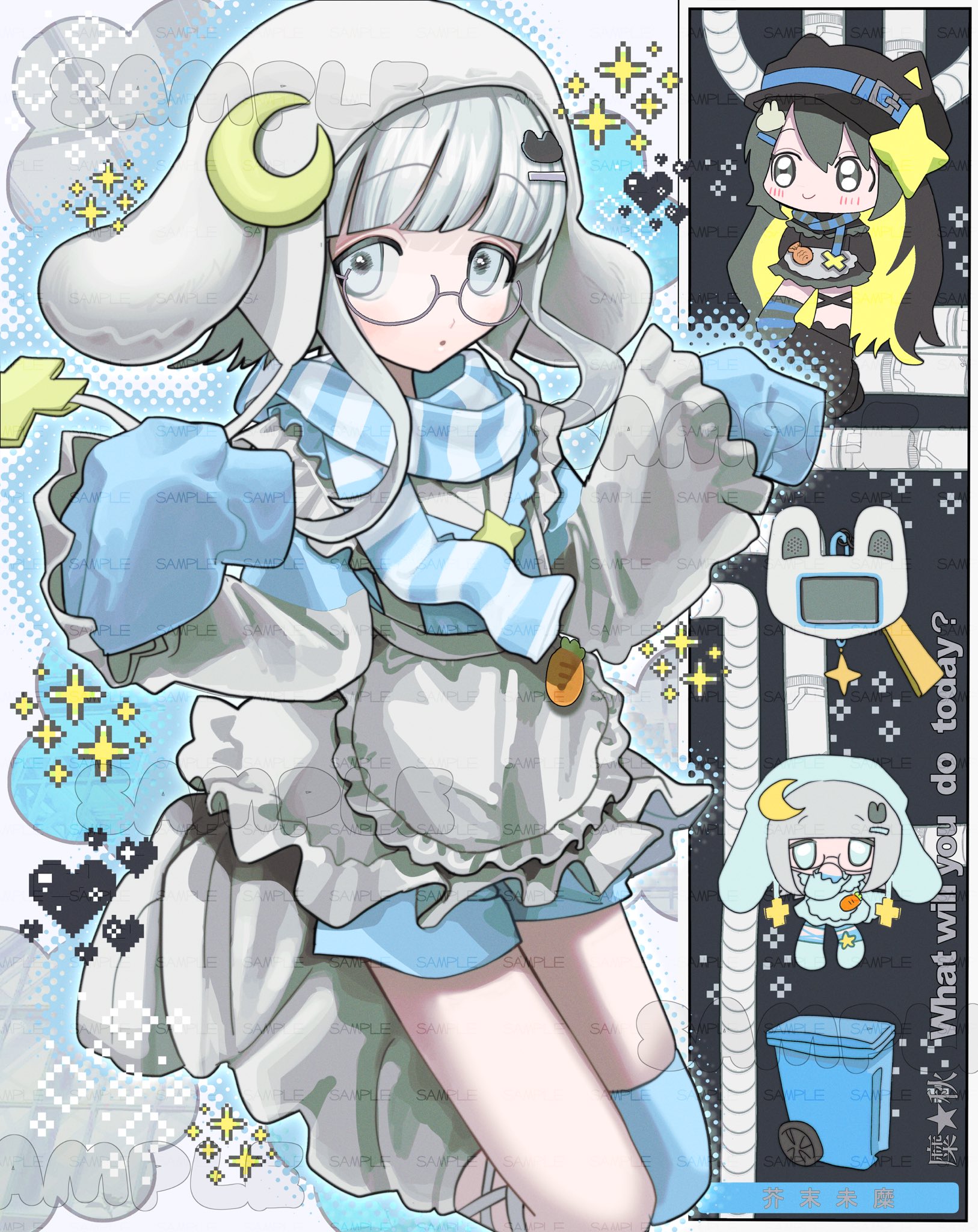 poin (goruchopame), original, commentary, commission, english commentary, highres, skeb commission, 2girls, animal hat, asymmetrical legwear, blue scarf, blunt bangs, carrot, cat hat, chibi, chibi inset, fashion, glasses, hat, heart, jersey maid, leg warmers, long sidelocks, looking at viewer, maid, mismatched legwear, multiple girls, sample watermark, scarf, short hair with long locks, shorts, sidelocks, sleeves past fingers, sleeves past wrists, solo focus, sparkle, striped clothes, striped scarf, tenshi kaiwai, unconventional maid, watermark, white eyes, white hair, white leg warmers