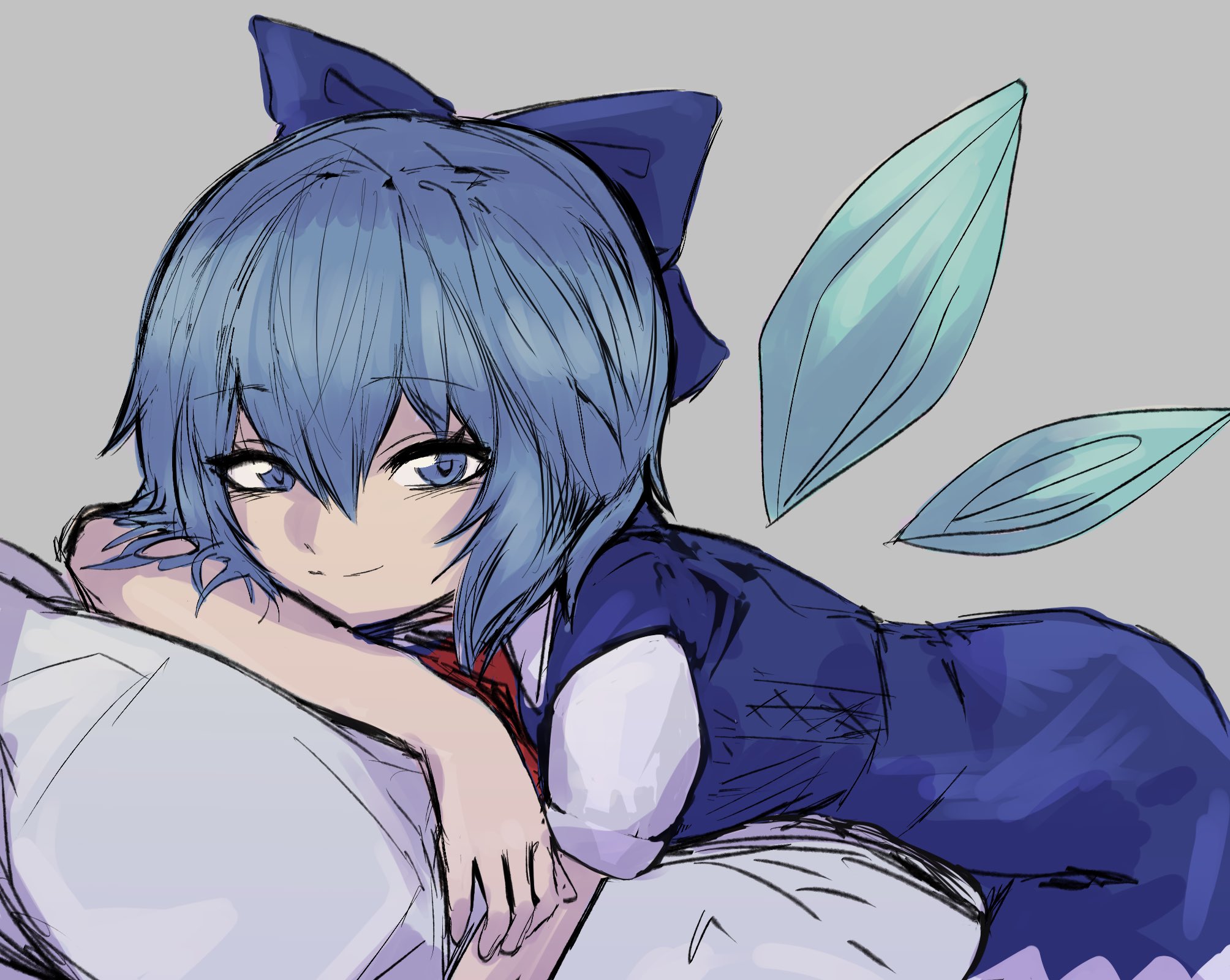33 gaff, cirno, touhou, commentary request, highres, 1girl, arm rest, blue dress, blue eyes, blue hair, blue ribbon, blue wings, collared shirt, dress, dress shirt, fairy, grey background, hair ribbon, ice, ice wings, looking at viewer, lying, on stomach, pillow, puffy sleeves, red ribbon, ribbon, shirt, short hair, simple background, wings
