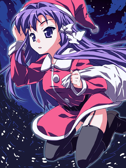 hoshizaki hikaru, fujibayashi kyou, clannad, 00s, 1girl, :o, black thighhighs, christmas, dress, female focus, full body, garter straps, hat, long sleeves, parted lips, pom pom (clothes), red dress, sack, santa costume, santa hat, solo, thighhighs, zettai ryouiki
