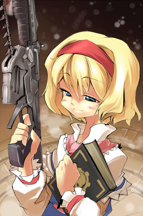 ario, alice margatroid, gears of war, touhou, 1girl, blonde hair, blood, blue eyes, book, chainsaw, crimson omen, crossover, female focus, gears, gun, hairband, lancer (gears of war), short hair, skull, smile, snow, solo, weapon