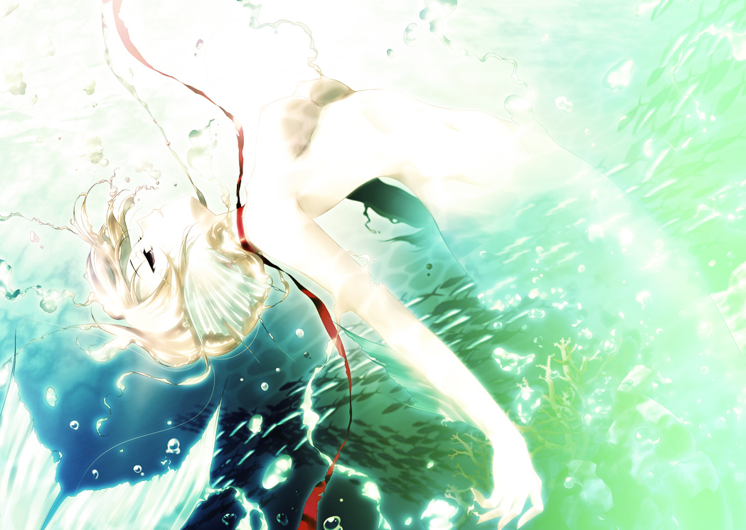 shouna mitsuishi, original, 1girl, arched back, blonde hair, breasts, bubble, completely nude, coral, empty eyes, female focus, fins, fish, floating hair, green background, groin, head fins, large breasts, medium breasts, mermaid, monster girl, nude, red ribbon, ribbon, short hair, solo, underwater, water