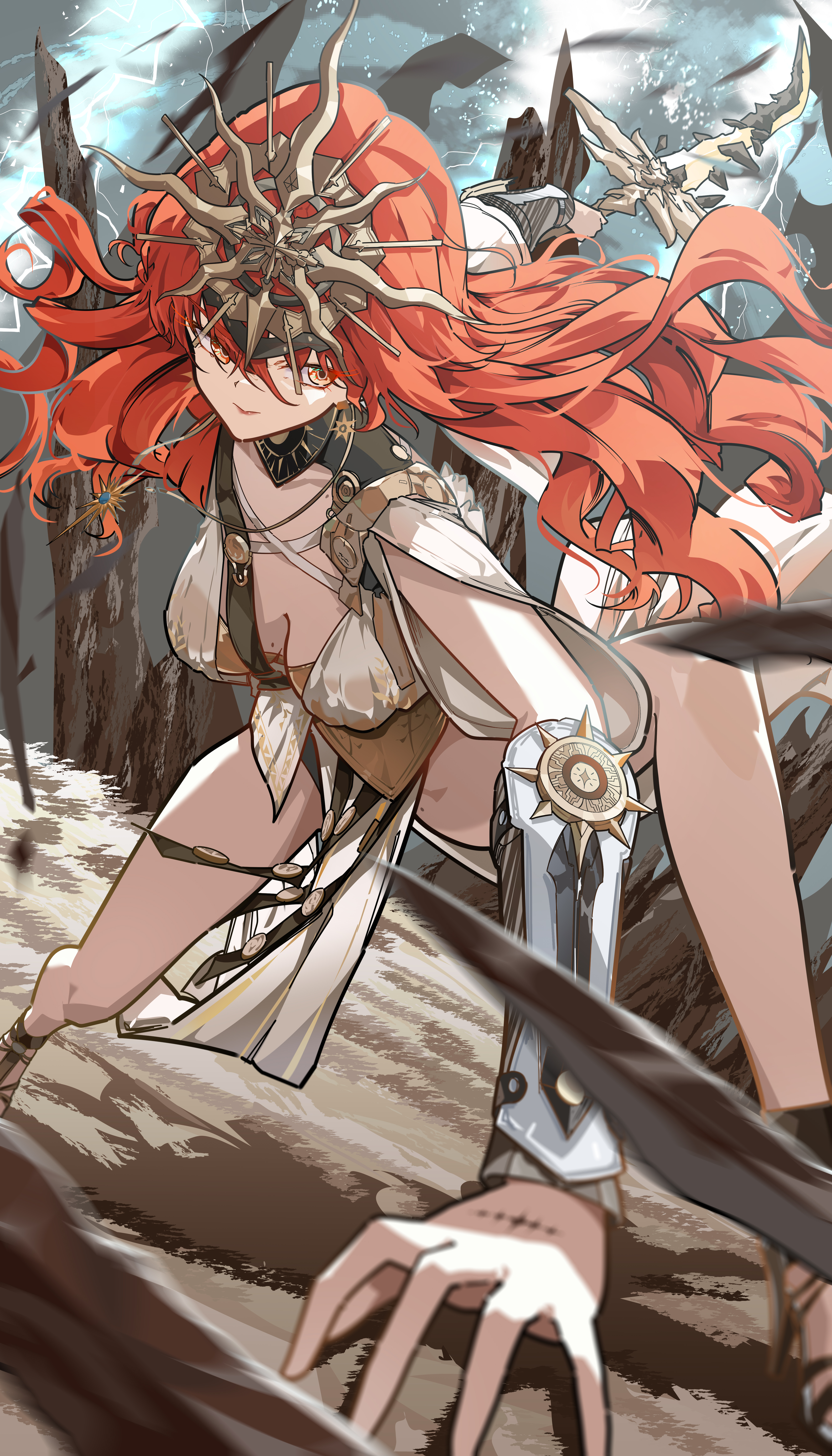 ryeon (naturesan), augusta (wuthering waves), wuthering waves, absurdres, commentary, english commentary, highres, 1girl, ancient greek clothes, arm armor, armor, bare legs, black collar, breastplate, breasts, closed mouth, collar, dress, dynamic pose, earrings, greco-roman clothes, hair between eyes, headgear, holding, holding sword, holding weapon, jewelry, legs, long hair, looking at viewer, medium breasts, orange eyes, orange hair, solo, sun earrings, sun necklace, sword, tacet mark (wuthering waves), weapon, white dress