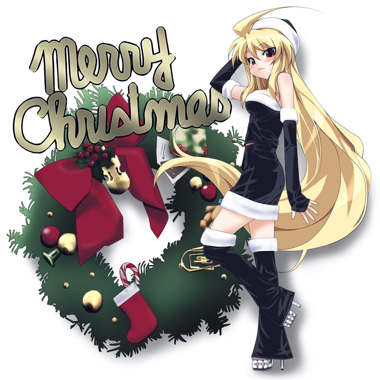grune, original, highres, 1girl, black santa costume, christmas, female focus, santa costume, solo, thighhighs