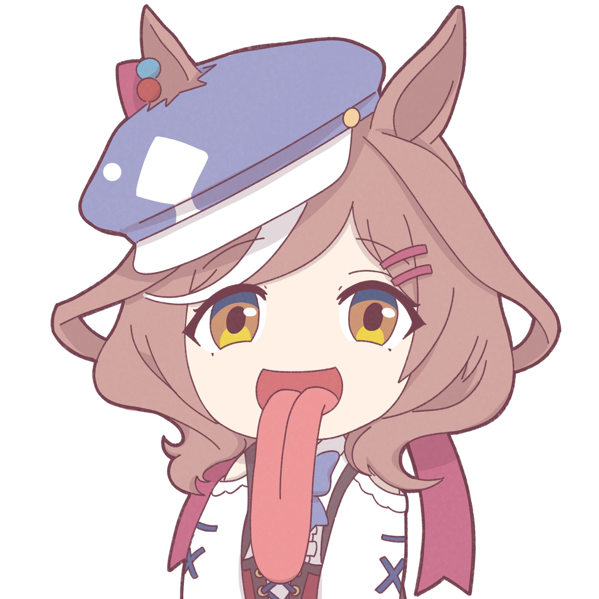 orangejuice13, matikanetannhauser (panpaka tiltott) (umamusume), matikanetannhauser (umamusume), umamusume, highres, 1girl, :d, animal ears, bare shoulders, blue hat, brown hair, clothing cutout, corset, ear ornament, freaky satono diamond (meme), hair ornament, hairclip, hat, horse ears, horse girl, horse tail, long sleeves, looking at viewer, medium hair, meme, newsboy cap, official alternate costume, open mouth, ribbon, shoulder cutout, simple background, smile, solo, tail, tongue, tongue out, white background, yellow eyes