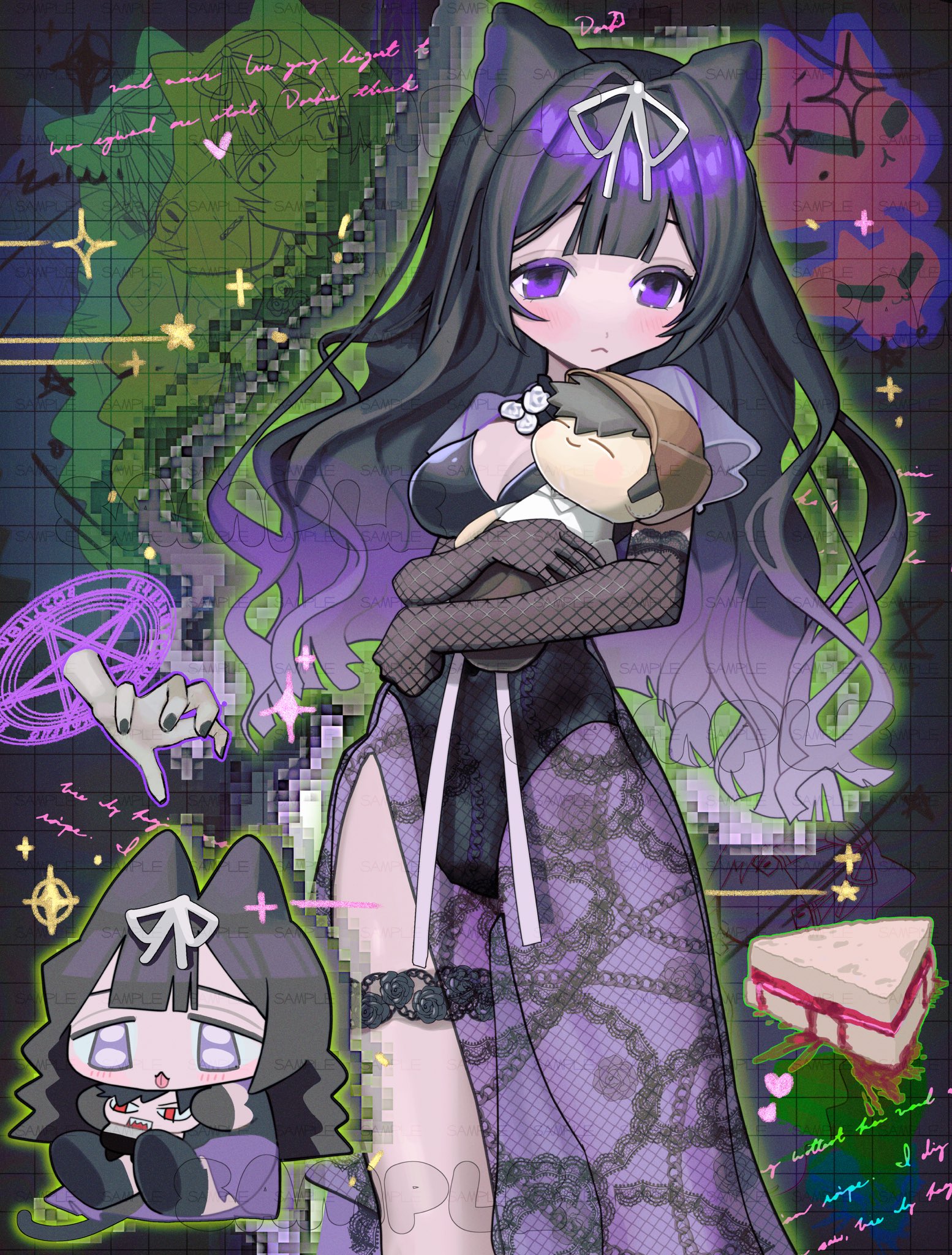 poin (goruchopame), original, commentary, commission, english commentary, highres, skeb commission, 1girl, acid graphics, animal ears, black hair, black leotard, blush, breasts, cat ears, character doll, chibi, chibi inset, cleavage, disembodied hand, doll, food, gradient hair, grid background, hair ribbon, holding, holding doll, large breasts, leotard, long hair, magic circle, multicolored hair, multiple views, pentacle, pentagram, purple eyes, purple hair, ribbon, sample watermark, sandwich, see-through clothes, see-through skirt, skirt, solo focus, sparkle, standing, very long hair, watermark, wavy hair, white ribbon