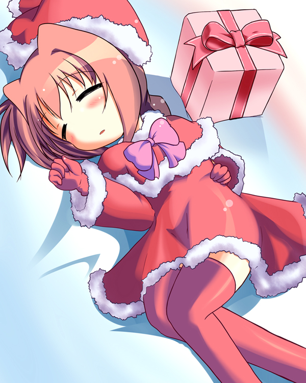 sch, caro ru lushe, vita (nanoha), lyrical nanoha, mahou shoujo lyrical nanoha, mahou shoujo lyrical nanoha strikers, bad id, bad pixiv id, 00s, 1girl, capelet, christmas, female focus, santa costume, sleeping, solo, thighhighs