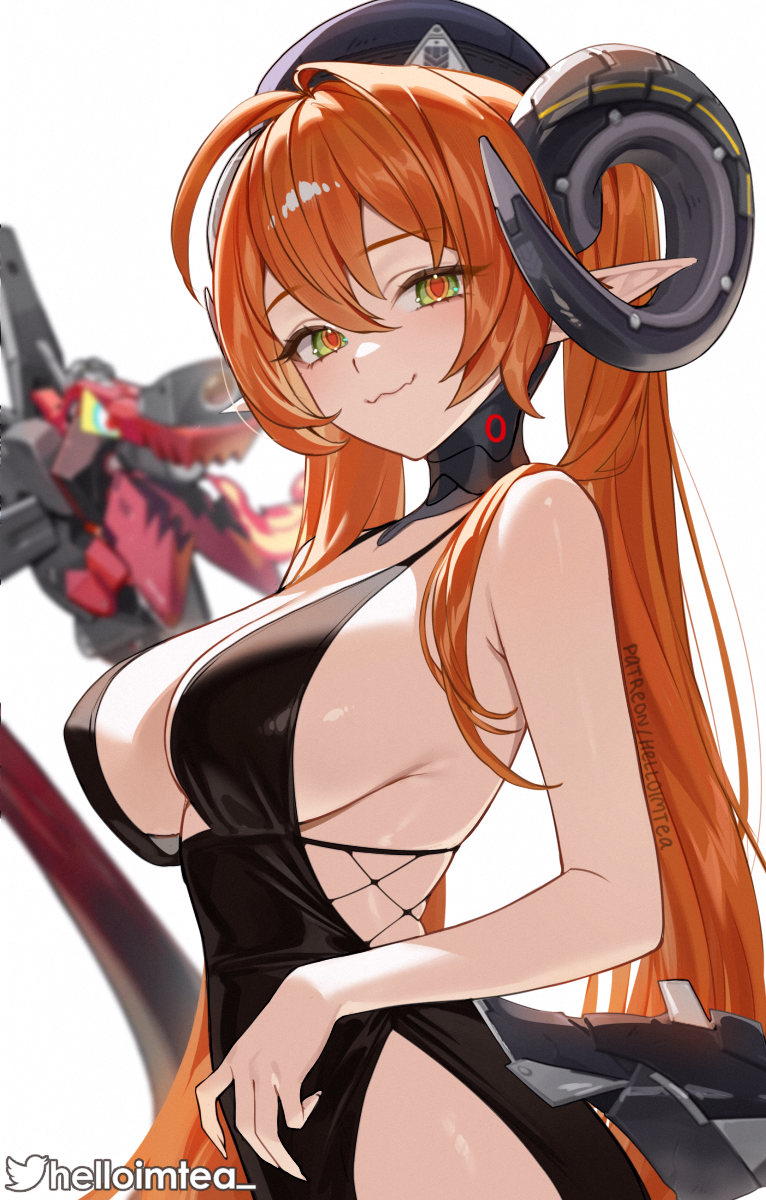 helloimtea, magus (zenless zone zero), orphie magnusson, zenless zone zero, commentary, english commentary, highres, paid reward available, 1girl, alternate costume, bare shoulders, beret, black dress, black hat, blurry, blurry background, breasts, closed mouth, dress, evening gown, fingernails, hat, horns, large breasts, long hair, long pointy ears, looking at viewer, mechanical horns, orange hair, pointy ears, red pupils, sideboob, simple background, smile, solo focus, twintails, twitter username, very long hair, white background, yellow eyes