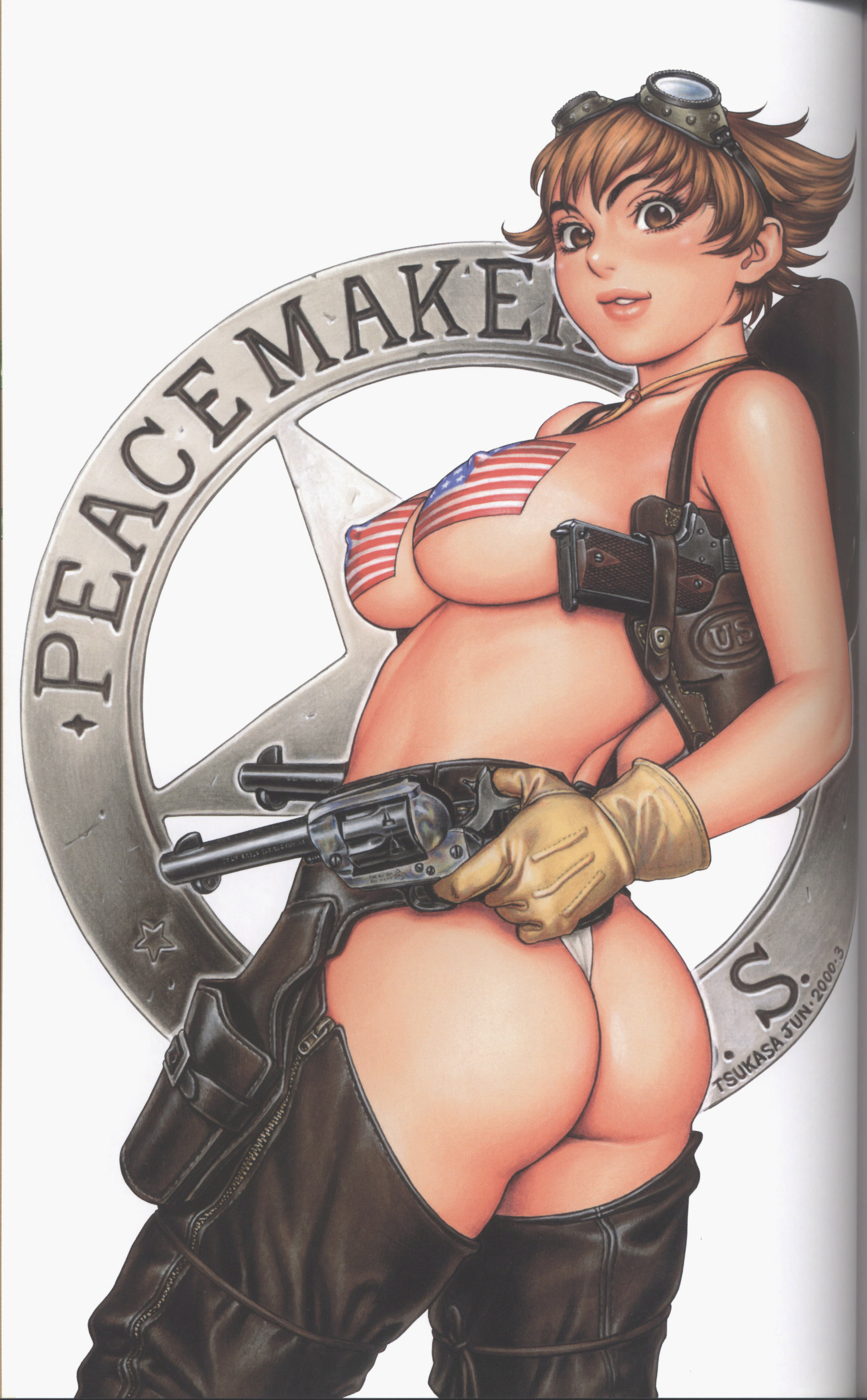 tsukasa jun, original, absurdres, highres, 1girl, ass, ass cutout, breasts, brown eyes, brown hair, chaps, clothing cutout, cocked hammer, cowboy, cowboy hat, cowboy shot, cowboy western, dual wielding, english text, female focus, gloves, goggles, gun, handgun, hands on own hips, hat, holding, holster, large breasts, lips, m1911, panties, pasties, revealing clothes, revolver, short hair, shoulder holster, smile, solo, thigh holster, thong, underwear, united states, weapon, wedgie, western