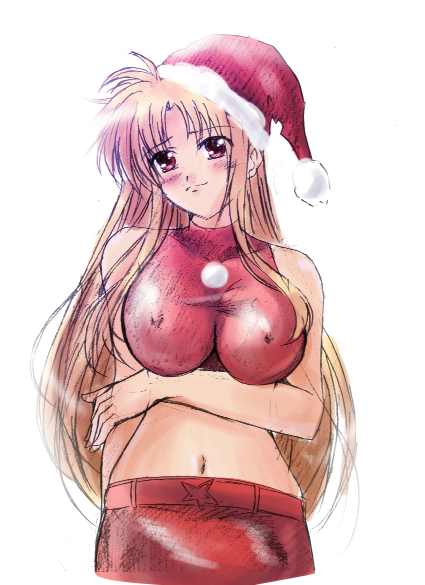 yutanpo, fate testarossa, lyrical nanoha, mahou shoujo lyrical nanoha, mahou shoujo lyrical nanoha strikers, 00s, 1girl, blonde hair, blush, breasts, christmas, crop top, female focus, large breasts, midriff, red eyes, santa costume, sketch, solo