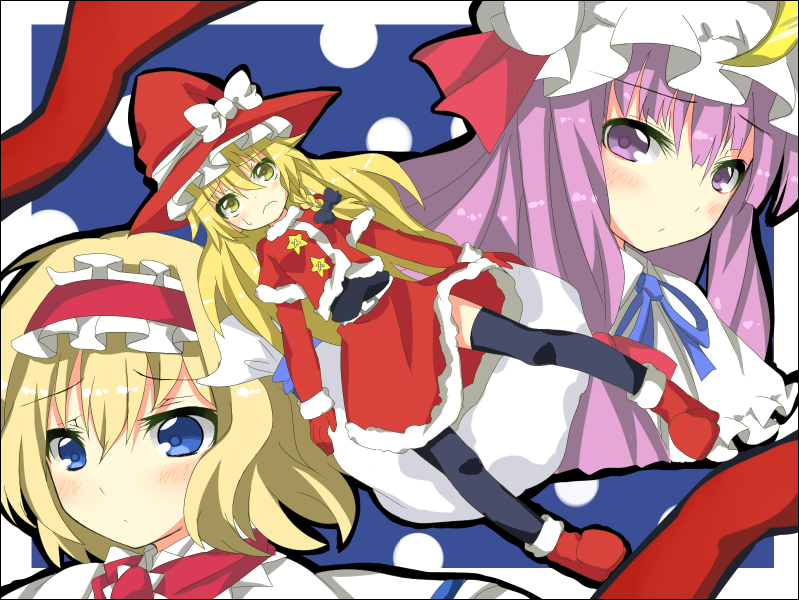 shingetsu takehito, alice margatroid, kirisame marisa, patchouli knowledge, touhou, black legwear, 3girls, blonde hair, blush, christmas, female focus, long hair, looking at viewer, lying, multiple girls, on back, pom pom beanie, purple eyes, purple hair, santa costume, tareme, thighhighs, very long hair, yellow eyes, zettai ryouiki