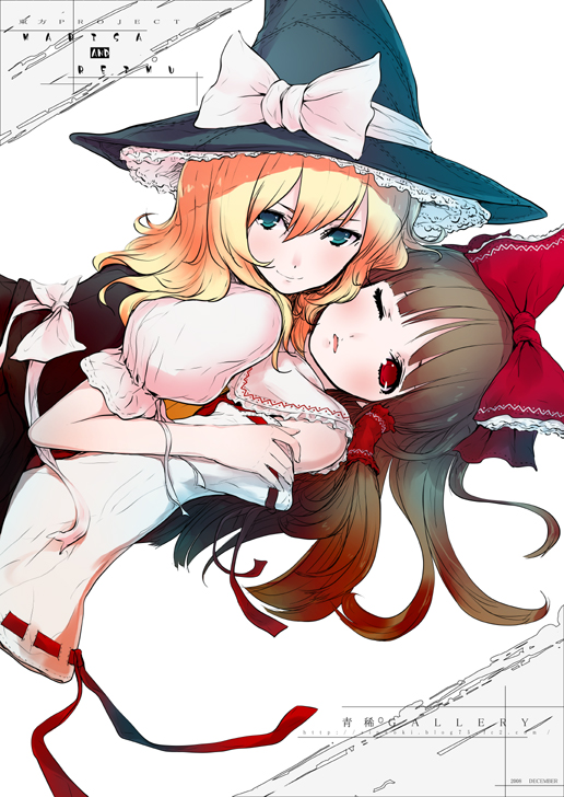 aoki shin, hakurei reimu, kirisame marisa, touhou, 2girls, ;o, bare shoulders, blonde hair, blush, brown hair, collar, detached sleeves, female focus, green eyes, hat, hug, looking at viewer, multiple girls, one eye closed, parted lips, puffy short sleeves, puffy sleeves, red eyes, ribbon-trimmed sleeves, ribbon trim, short sleeves, witch hat, yuri