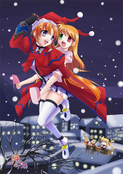 fate testarossa, takamachi nanoha, takamachi nanoha (aggressor mode), vivio, lyrical nanoha, mahou shoujo lyrical nanoha, mahou shoujo lyrical nanoha strikers, 00s, 3girls, blonde hair, blue eyes, brown hair, christmas, multiple girls, red eyes, santa costume, thighhighs