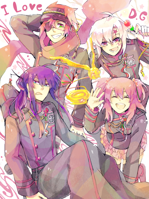 shiwasshoi (tounyuu), allen walker, kanda yuu, lavi, lenalee lee, timcanpy, d.gray-man, 1girl, 3boys, ahoge, anklet, arm behind head, badge, belt, black coat, black headband, black jacket, black order uniform, black thighhighs, blue eyes, breasts, chain, closed eyes, coat, creature, cross, dango, english text, eyepatch, facial mark, facing viewer, floating scarf, food, forehead mark, gloves, gold chain, golem (d.gray-man), green eyes, grin, hair between eyes, hair over shoulder, hair ribbon, hand on ground, hand up, headband, jacket, jewelry, kneeling, long coat, long hair, looking at another, looking at viewer, looking down, looking to the side, low ponytail, medium breasts, military, military uniform, miniskirt, multiple boys, one eye covered, open mouth, orange hair, orange scarf, parted lips, pink hair, pink skirt, pleated skirt, ponytail, purple eyes, purple hair, red ribbon, ribbon, sanshoku dango, scar, scar across eye, scar on face, scarf, short hair, sidelocks, single glove, sitting, skirt, smile, star (symbol), star facial mark, striped background, striped clothes, striped coat, striped headband, striped jacket, striped ribbon, tail, tail ornament, tail ribbon, thighhighs, thighs, two side up, vertical-striped clothes, vertical-striped coat, vertical-striped jacket, wagashi, waving, white background, white gloves, white hair, wings
