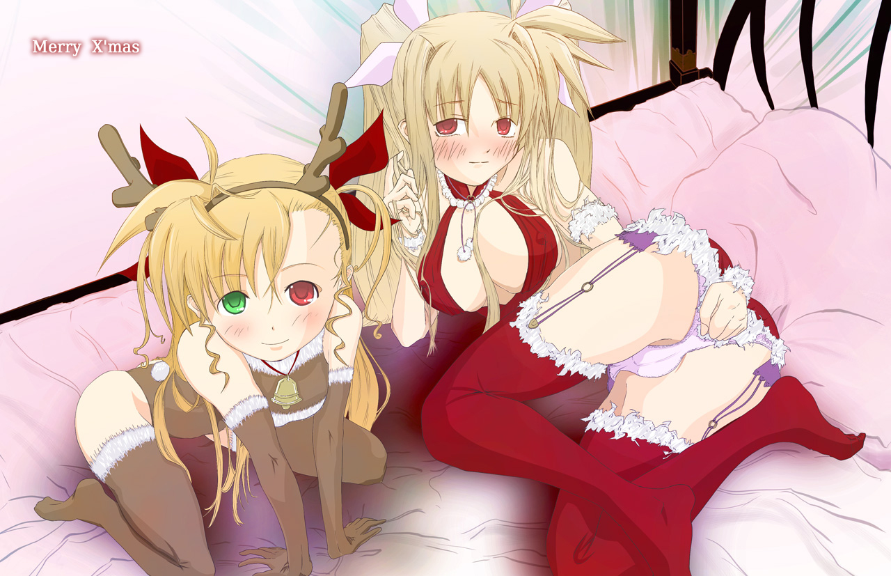 fate testarossa, vivio, lyrical nanoha, mahou shoujo lyrical nanoha, mahou shoujo lyrical nanoha strikers, 00s, blonde hair, blush, christmas, panties, red eyes, santa costume, thighhighs, underwear