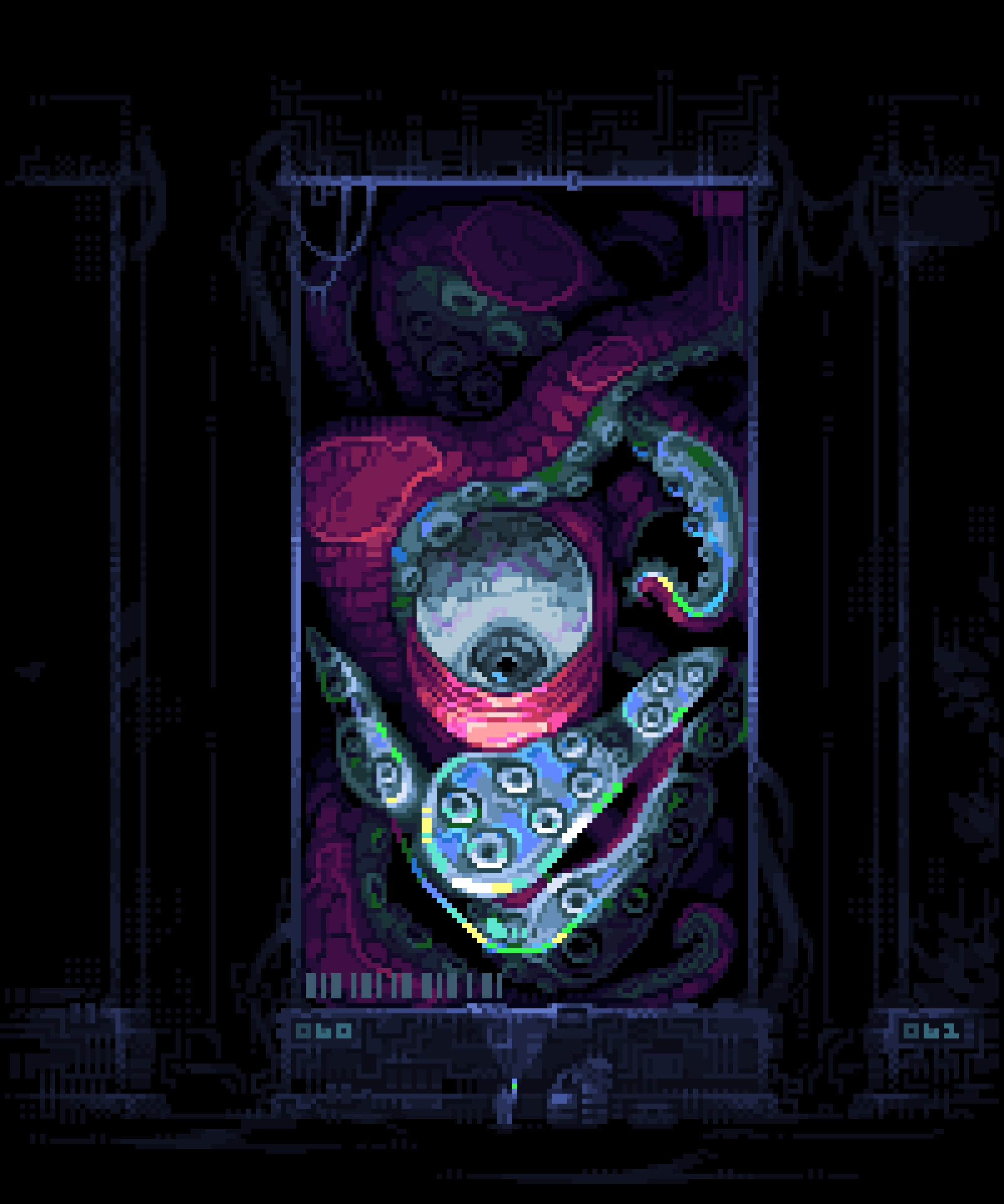 original, absurdres, highres, 1other, creature, encasement, eyeball, flashlight, glass, holding, holding flashlight, horror (theme), looking at another, mini person, museum, pixel art, spotlight, standing, tentacles, ventiquepxl, wide-eyed