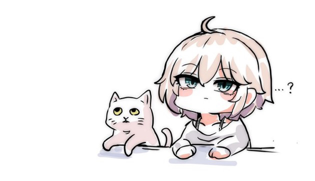 kawamochi (kawauti919), anastasia (idolmaster), idolmaster, idolmaster cinderella girls, …?, 1girl, animal, blue eyes, blush stickers, brown hair, cat, chibi, closed mouth, collarbone, hair between eyes, long sleeves, shirt, simple background, solo, upper body, white background, white cat, white shirt