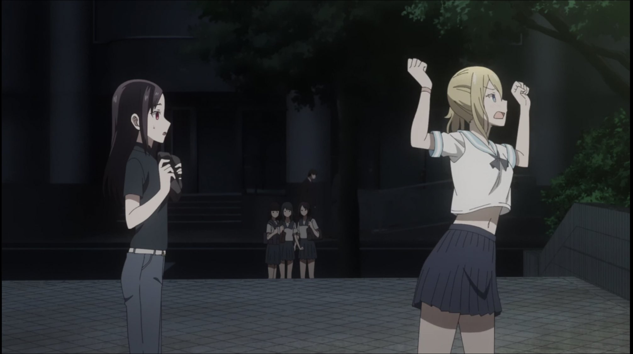 hayasaka ai, shinomiya kaguya, smithee a. haysaca, kaguya-sama wa kokurasetai ~tensai-tachi no renai zunousen~, anime screenshot, highres, 2girls, black hair, black neckerchief, black shirt, blonde hair, blue eyes, blue pants, blue sailor collar, blue skirt, breasts, denim, female focus, jeans, legs, long hair, midriff, miniskirt, multiple girls, navel, neckerchief, open mouth, pants, pleated skirt, red eyes, sailor collar, school uniform, serafuku, sexually suggestive, shirt, shirt tucked in, short sleeves, side ponytail, skirt, small breasts, stomach, thighs, watch, white serafuku