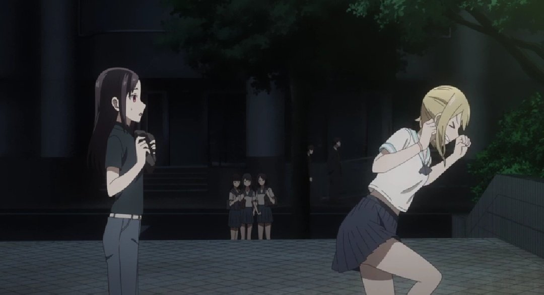 hayasaka ai, shinomiya kaguya, smithee a. haysaca, kaguya-sama wa kokurasetai ~tensai-tachi no renai zunousen~, anime screenshot, lowres, 2girls, black hair, black neckerchief, black shirt, blonde hair, blue pants, blue sailor collar, blue skirt, breasts, closed eyes, denim, female focus, jeans, legs, long hair, midriff, miniskirt, multiple girls, neckerchief, open mouth, pants, pleated skirt, red eyes, sailor collar, school uniform, serafuku, sexually suggestive, shirt, shirt tucked in, short sleeves, side ponytail, skirt, small breasts, stomach, teeth, thighs, water, white serafuku