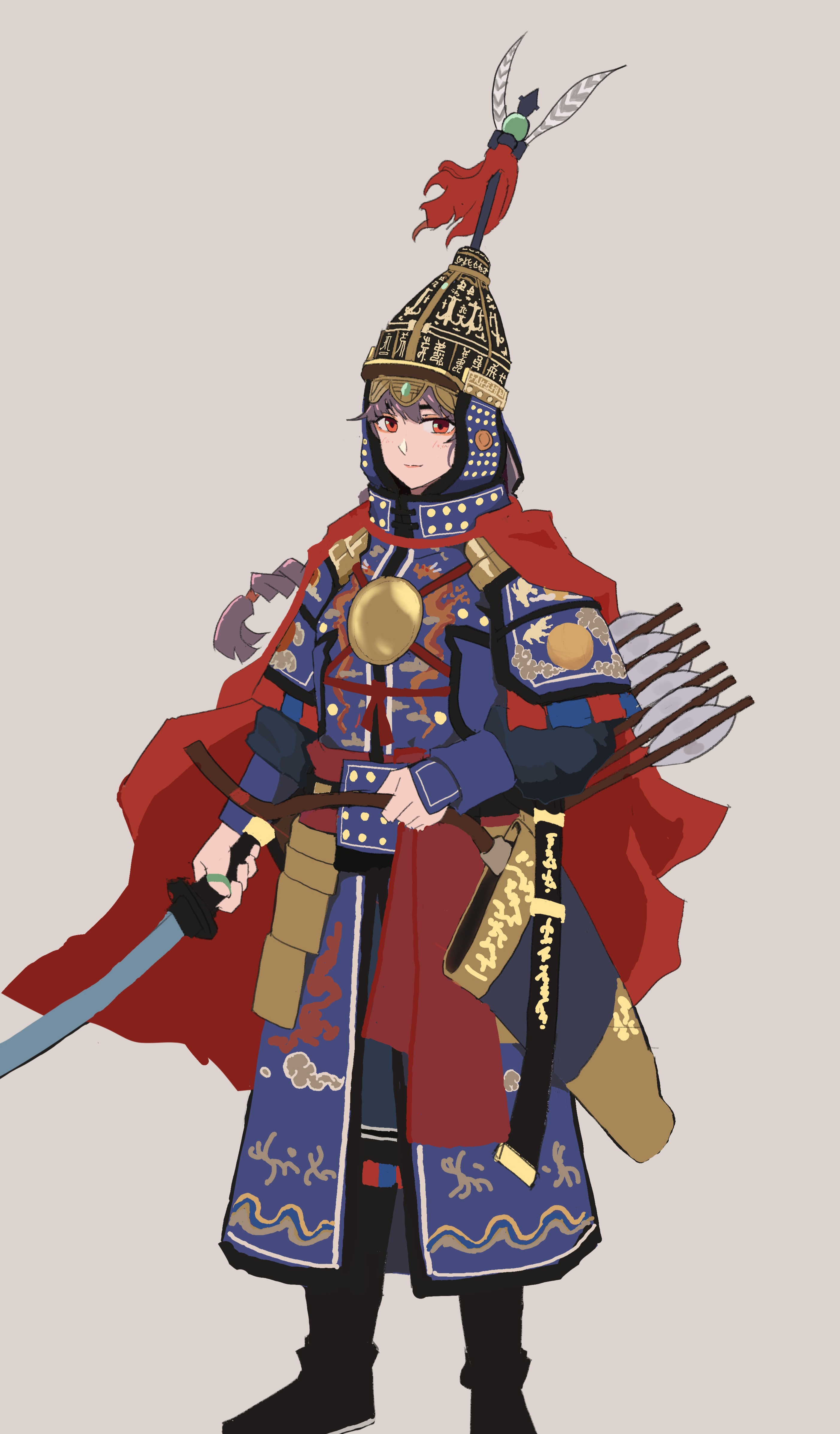 wani (perfect han), original, commentary, english commentary, 1girl, armor, arrow (projectile), belt, black boots, body armor, boots, bow (weapon), braid, brown eyes, brown hair, cape, chinese armor, chinese text, cuirass, dao (weapon), full body, helmet, holding, holding bow (weapon), holding sword, holding weapon, manchu armor, manchu clothes, pauldrons, qing dynasty, red cape, red ribbon, ribbon, scabbard, sheath, shoulder armor, single braid, smile, standing, sword, tassets, weapon, yellow background