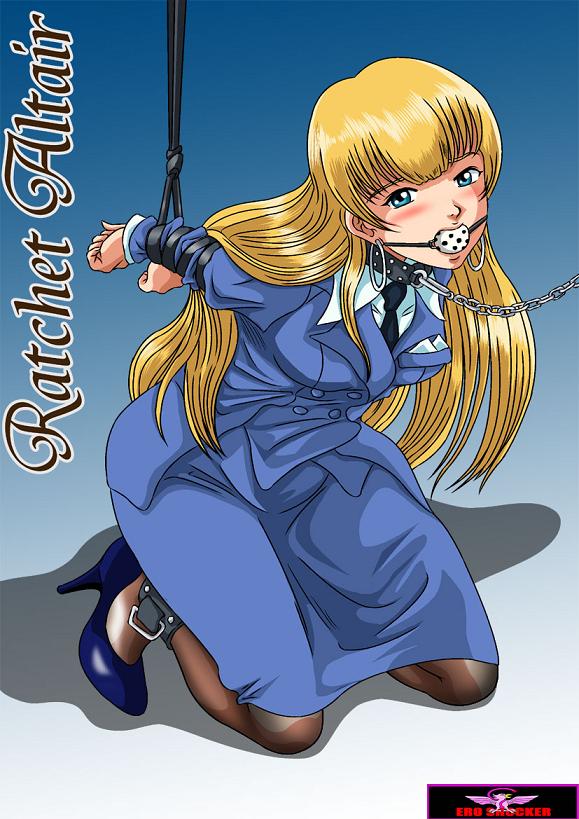 ero shocker, ratchet altair, sakura taisen, sakura taisen v, 00s, 1girl, ball gag, bdsm, blonde hair, bondage, bound, earrings, female focus, formal clothes, gag, gagged, hoop earrings, jewelry, necktie, pantyhose, solo, suit, watermark