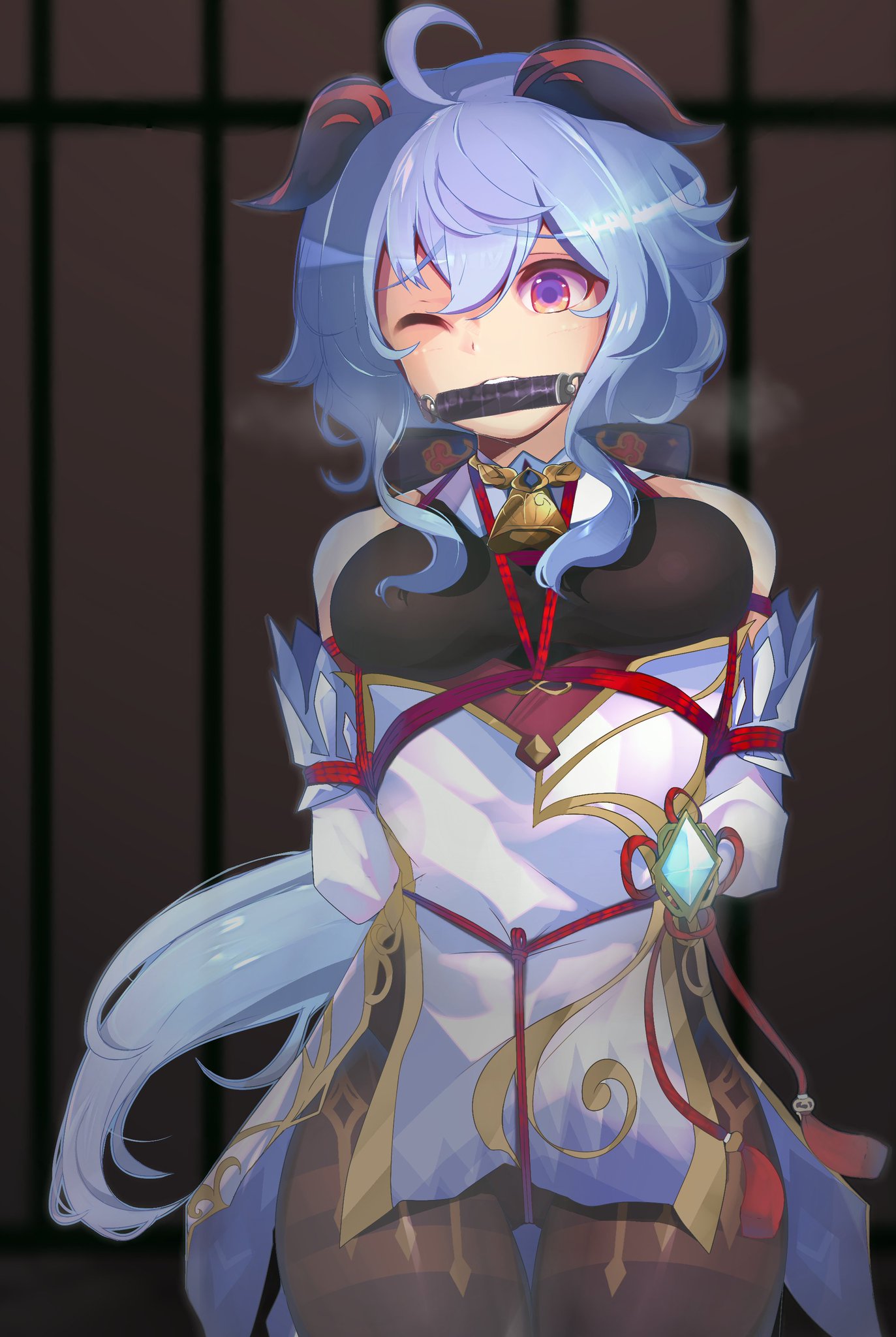 legion (fox3498), ganyu (genshin impact), genshin impact, highres, 1girl, ahoge, arms behind back, bare shoulders, bdsm, bell, bit gag, blue hair, bondage, bound, bound arms, bound wrists, breast bondage, breasts, cowbell, crotch rope, detached sleeves, gag, gagged, goat horns, gold trim, hair between eyes, horns, jewelry, leotard, leotard under clothes, long hair, low ponytail, medium breasts, neck bell, one eye closed, ponytail, purple eyes, red rope, restrained, rope, shibari, shibari over clothes, solo, thighlet, vision (genshin impact)