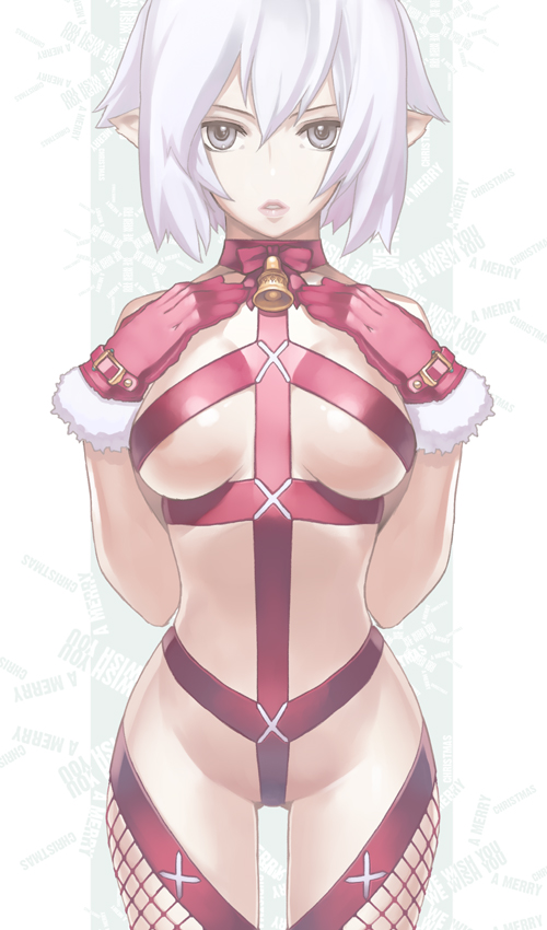 nagi ryou, fur, 1girl, bell, breast suppress, breasts, collar, crotch ribbon, crotch strap, female focus, fishnets, gift, gloves, grey eyes, lipstick, makeup, naked ribbon, neck bell, nipple slip, nipples, pointy ears, ribbon, short hair, slave, solo, standing, underboob, white hair