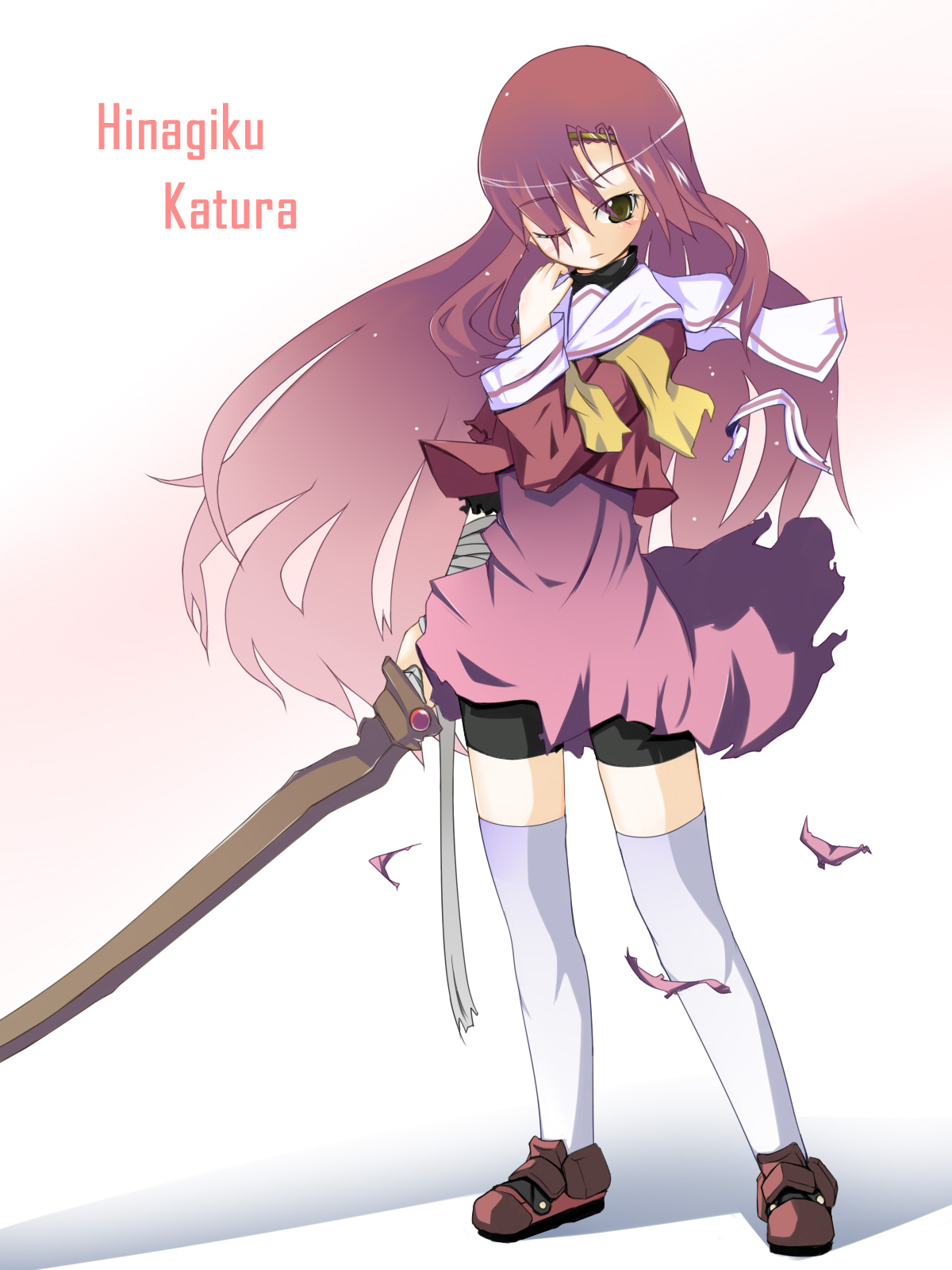 katsura hinagiku, hayate no gotoku!, highres, non-web source, 00s, 1girl, bike shorts, bokken, female focus, hairband, hakuo school uniform, imageboard desourced, long hair, masamune bokken, one eye closed, pink hair, red shoes, school uniform, serafuku, shoes, solo, sword, thighhighs, torn clothes, very long hair, weapon, wink, wooden sword, yellow eyes, zettai ryouiki