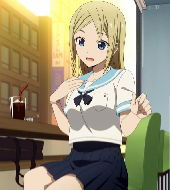 hayasaka ai, smithee a. haysaca, kaguya-sama wa kokurasetai ~tensai-tachi no renai zunousen~, anime screenshot, cropped, highres, third-party edit, 1girl, black neckerchief, blonde hair, blue eyes, blue sailor collar, blue skirt, braid, breast pocket, breasts, chair, cola, collarbone, dot nose, female focus, green chair, legs, long hair, medium breasts, miniskirt, neckerchief, open mouth, pleated skirt, pocket, sailor collar, school uniform, serafuku, short sleeves, sitting, skirt, smile, solo, solo focus, stirrup legwear, thighs, toeless legwear, watching, white serafuku