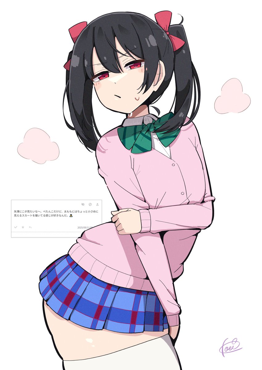 kooei, yazawa nico, love live!, love live! school idol project, 1girl, between legs, black hair, blue skirt, blush, bow, bowtie, cardigan, from side, green bow, hair bow, hand between legs, holding own arm, medium hair, miniskirt, pink cardigan, plaid clothes, plaid skirt, red bow, red eyes, request inset, school uniform, shirt, skirt, solo, sweat, thick thighs, thighhighs, thighs, twintails, white background, white shirt, white thighhighs