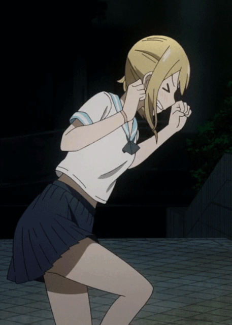 hayasaka ai, smithee a. haysaca, kaguya-sama wa kokurasetai ~tensai-tachi no renai zunousen~, animated, animated gif, anime screenshot, cropped, highres, looping animation, 1girl, black neckerchief, blonde hair, blue sailor collar, breasts, closed eyes, female focus, frustrated, legs, long hair, midriff, navel, neckerchief, open mouth, sailor collar, school uniform, serafuku, sexually suggestive, short sleeves, side ponytail, small breasts, solo, solo focus, stomach, thighs, watch, white serafuku