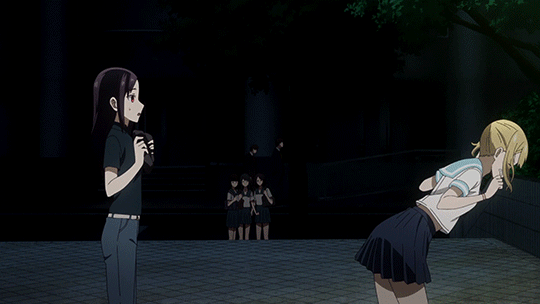 hayasaka ai, shinomiya kaguya, smithee a. haysaca, kaguya-sama wa kokurasetai ~tensai-tachi no renai zunousen~, absurdres, animated, animated gif, anime screenshot, highres, 2girls, belt, black hair, black neckerchief, black shirt, blonde hair, blue eyes, blue pants, blue sailor collar, blue skirt, breasts, closed eyes, covering face, denim, female focus, frustrated, jeans, legs, long hair, midriff, miniskirt, multiple girls, navel, neckerchief, open mouth, pants, pleated skirt, red eyes, sailor collar, school uniform, serafuku, sexually suggestive, shirt, shirt tucked in, short sleeves, side ponytail, skirt, small breasts, stomach, sweat, sweatdrop, thighs, watch, white serafuku