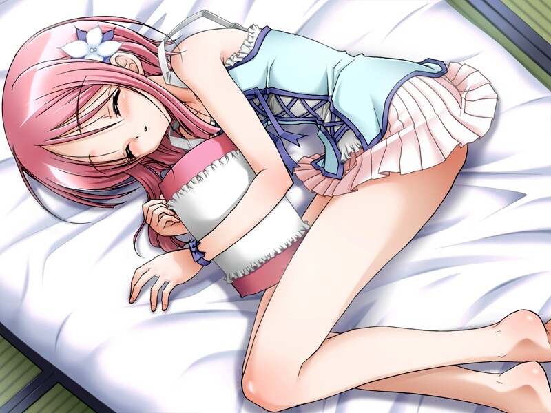 abeno chako, shiraoka saya, mitama no yuki, game cg, 1girl, barefoot, closed eyes, female focus, flower, futon, hair flower, hair ornament, lying, on bed, on side, pink hair, skirt, sleeping, solo
