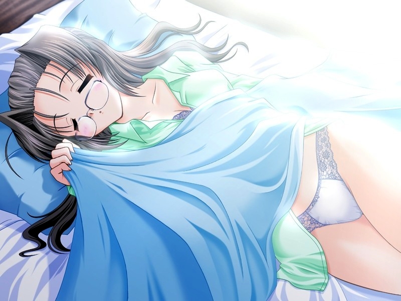 bekkankou, yoshino kasumi, binary pot, game cg, source request, 1girl, bed, bra, breasts, brown hair, cleavage, closed eyes, female focus, lingerie, medium breasts, panties, shirt, sleeping, solo, underwear, white panties