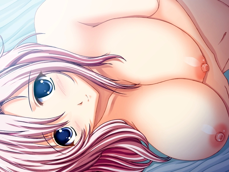 ibuki pon, tsuchinoto, amishima kotono, ane wa erocomi henshuusha, game cg, source request, 1girl, bed, blue eyes, blush, breasts, large breasts, nipples, pink hair, smile, topless female