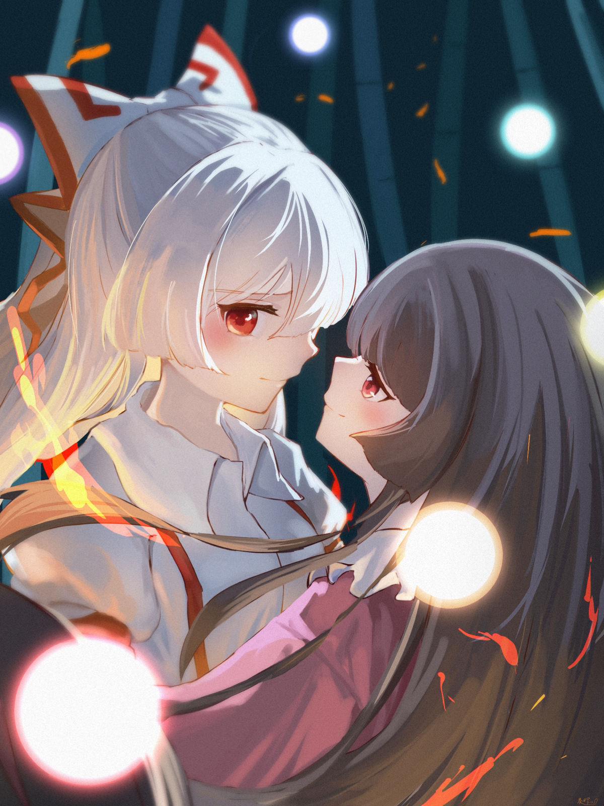 ritu (ri tu49), fujiwara no mokou, houraisan kaguya, touhou, commentary request, highres, 2girls, bamboo, bamboo forest, blush, bow, brown hair, closed mouth, collared shirt, danmaku, eye contact, forest, frilled shirt collar, frills, hair bow, hug, long hair, looking at another, multiple girls, nature, pink shirt, red eyes, shirt, smile, suspenders, white hair, white shirt, yuri
