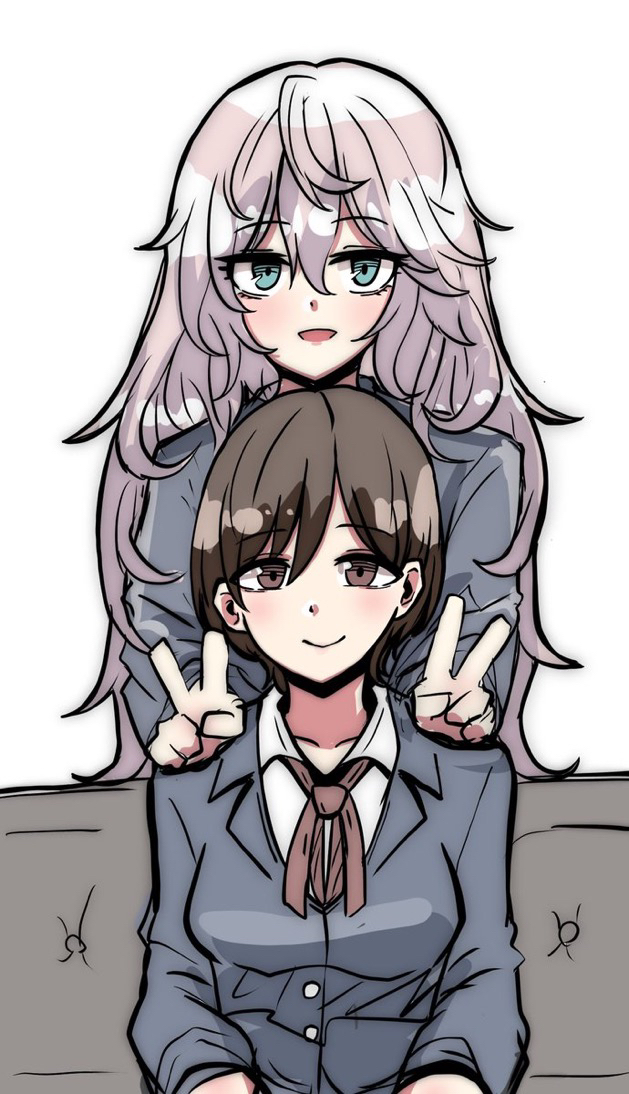kawamochi (kawauti919), anastasia (idolmaster), nitta minami, idolmaster, idolmaster cinderella girls, character request, check character, 2girls, :d, blazer, blue eyes, blue jacket, breasts, brown eyes, brown hair, brown ribbon, closed mouth, collared shirt, double v, grey hair, hair length switch, jacket, long hair, long sleeves, medium breasts, multiple girls, neck ribbon, open mouth, ribbon, school uniform, shirt, simple background, sitting, smile, standing, upper body, v, very long hair, white background, white shirt