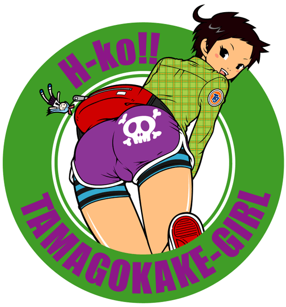 kzm, plaid, striped, 1girl, ahoge, ass, bent over, black eyes, black hair, charm (object), fanny pack, female focus, gym shorts, short hair, shorts, smile, solo