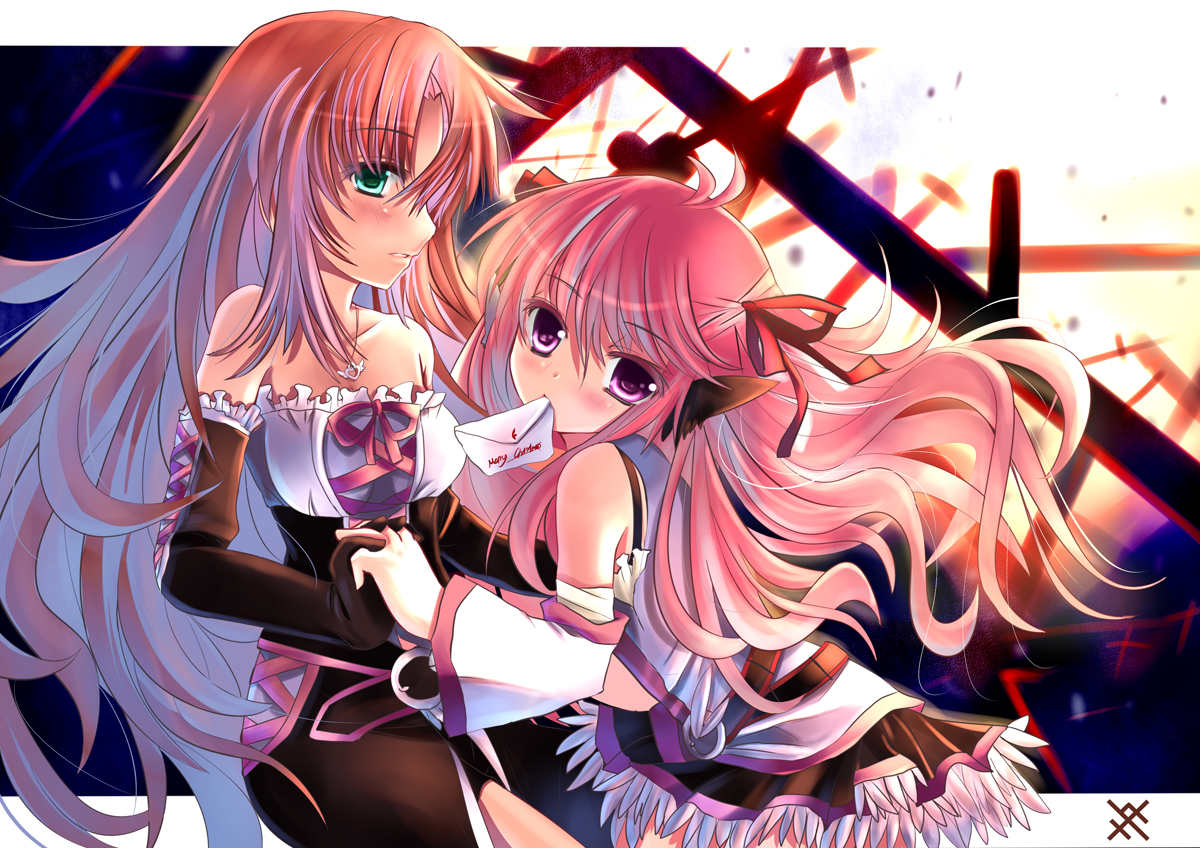 xephonia, 2girls, elbow gloves, gloves, green eyes, holding hands, letter, long hair, mouth hold, multiple girls, pink hair, purple eyes