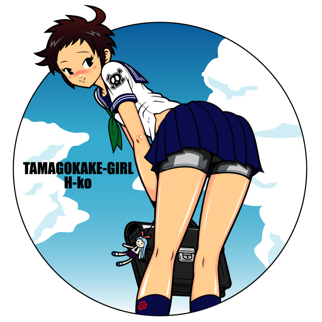 kzm, ahoge, bent over, bike shorts, black hair, blush, kneehighs, school uniform, short hair, skirt, socks, solo