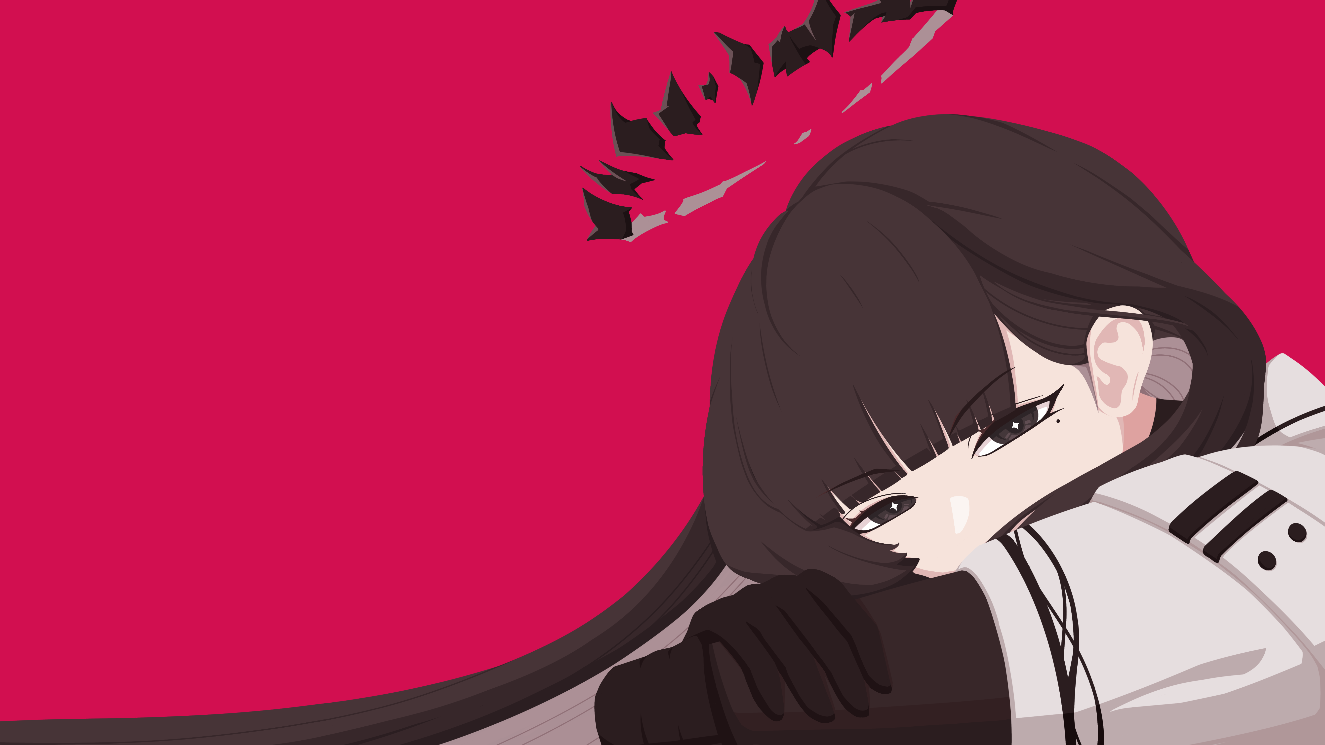 gribberoni, virtuosa (arknights), arknights, absurdres, commentary, english commentary, highres, 1girl, black eyes, black gloves, black hair, black halo, blunt bangs, bright pupils, broken halo, cello, dark halo, diamond-shaped pupils, diamond (shape), gloves, halo, hime cut, instrument, long hair, long sleeves, looking at viewer, pink background, simple background, solo, symbol-shaped pupils, upper body, white pupils