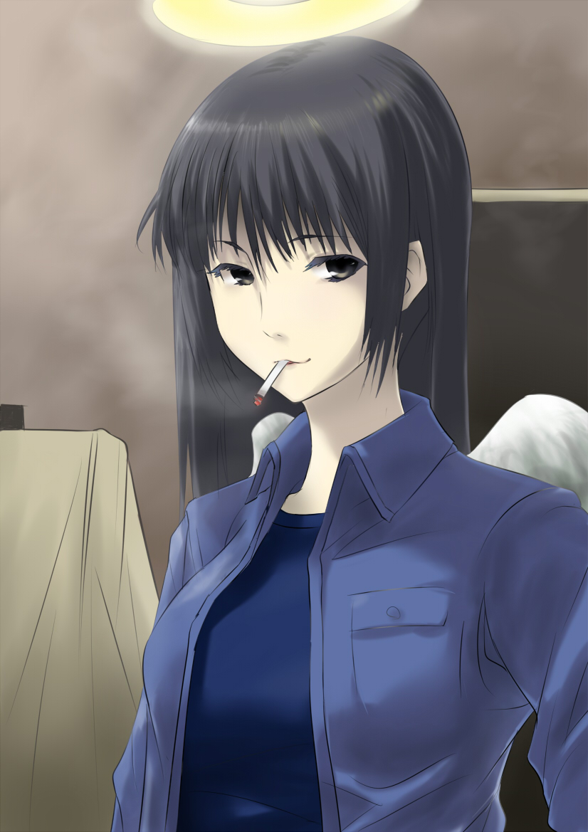blue vert, reki (haibane renmei), haibane renmei, 00s, 1girl, black eyes, black hair, blue shirt, breasts, cigarette, collared shirt, female focus, halo, indoors, long hair, long sleeves, looking at viewer, mouth hold, shirt, smoke, smoking, solo, t-shirt, traditional halo, upper body, wings