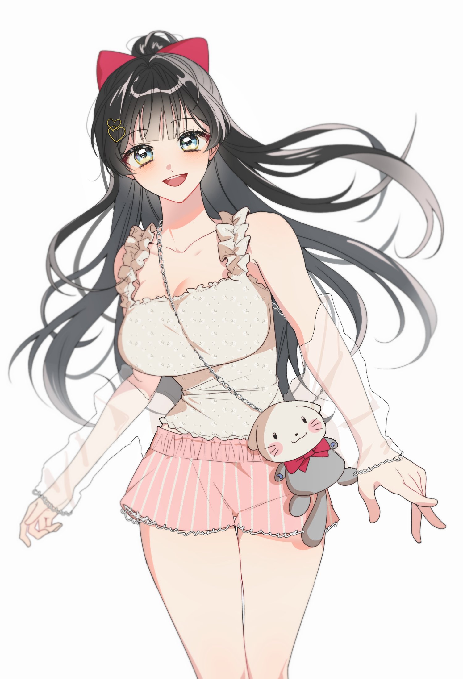 shirayuki hina, stellive, commentary request, highres, korean commentary, 1girl, black hair, breasts, camisole, cleavage, collarbone, cowboy shot, floating hair, frilled camisole, frills, grey camisole, haedungi (shirayuki hina), hair ornament, heart, heart hair ornament, huge breasts, long hair, looking at viewer, moddoheesa, multicolored eyes, open mouth, pink shorts, print camisole, short shorts, shorts, simple background, smile, solo, standing, straight-on, striped clothes, striped shorts, vertical-striped clothes, vertical-striped shorts, very long hair, virtual youtuber, white background