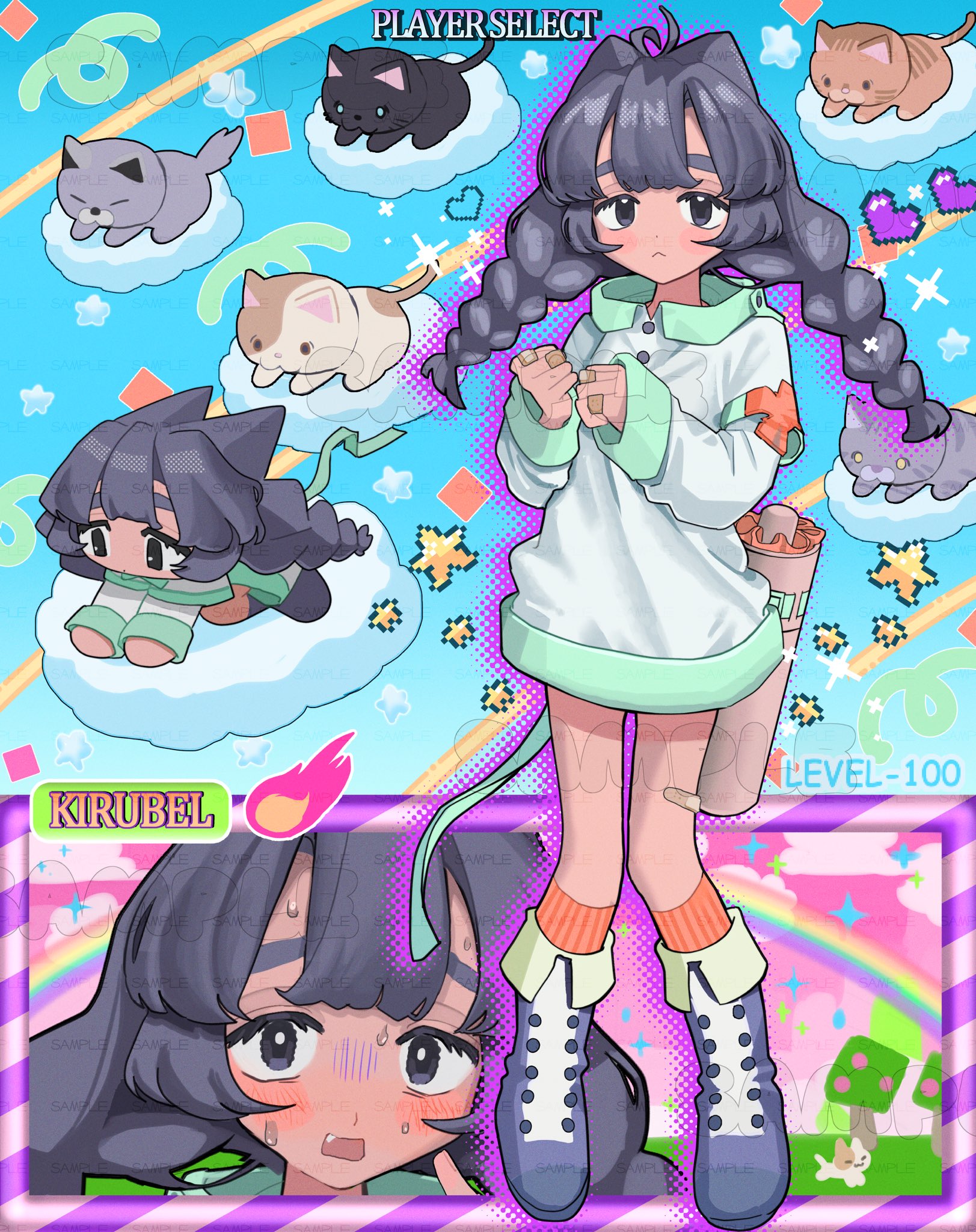poin (goruchopame), original, commentary, commission, english commentary, highres, skeb commission, 1girl, ahoge, animal ears, bandaid, blunt bangs, boots, braid, cat, cat ears, cloud, dark-skinned female, dark skin, fake tail, grey boots, grey eyes, grey hair, inverted eyelashes, long hair, looking at viewer, low twin braids, multiple views, orange socks, oversized clothes, oversized shirt, rainbow, riding, sample watermark, shirt, socks, solo focus, standing, tail, twin braids, watermark, white shirt