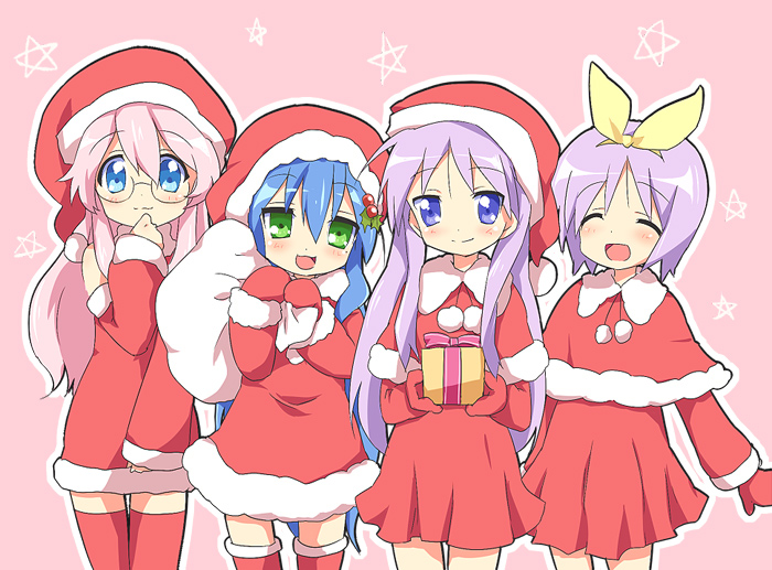 maruki (punchiki), hiiragi kagami, hiiragi tsukasa, izumi konata, takara miyuki, lucky star, bad id, bad pixiv id, 00s, 4girls, blue eyes, blue hair, blush, christmas, gift, glasses, green eyes, hair ribbon, happy, hat, long hair, mole, mole under eye, multiple girls, pink hair, purple hair, ribbon, santa costume, santa hat, siblings, sisters, smile, standing, tareme, thighhighs, tsurime, twins, twintails, zettai ryouiki