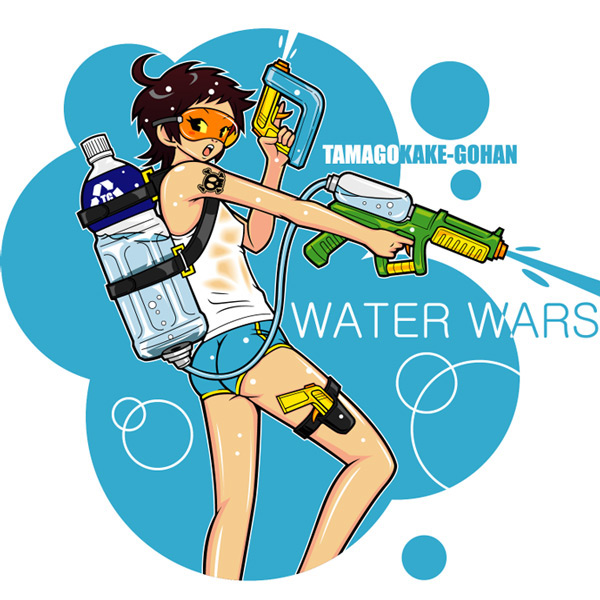 kzm, 1girl, ahoge, black hair, bottle, female focus, goggles, holster, short hair, short shorts, shorts, solo, thigh strap, water gun, wet