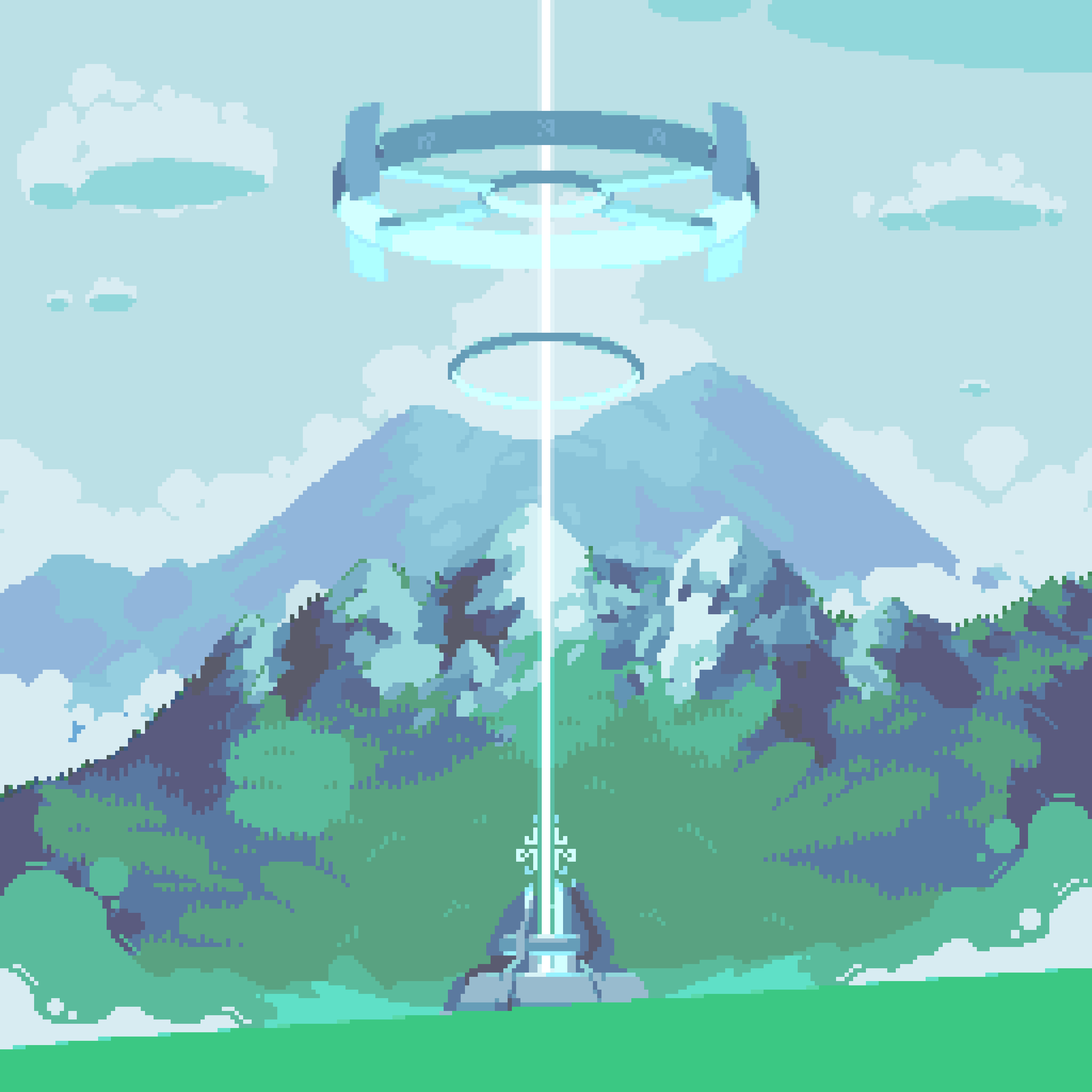 original, absurdres, highres, beacon, cloud, cloudy sky, day, forest, mountainous horizon, nature, no humans, outdoors, pixel art, scenery, sky, structure, ventiquepxl
