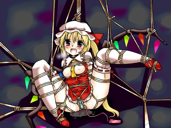 lilish, flandre scarlet, touhou, 1girl, bdsm, blush, bondage, bound, breasts, breath, crotch rope, female focus, frogtie, loli, nipples, panties, rope, sex toy, solo, spread legs, tears, underwear, vibrator, wings