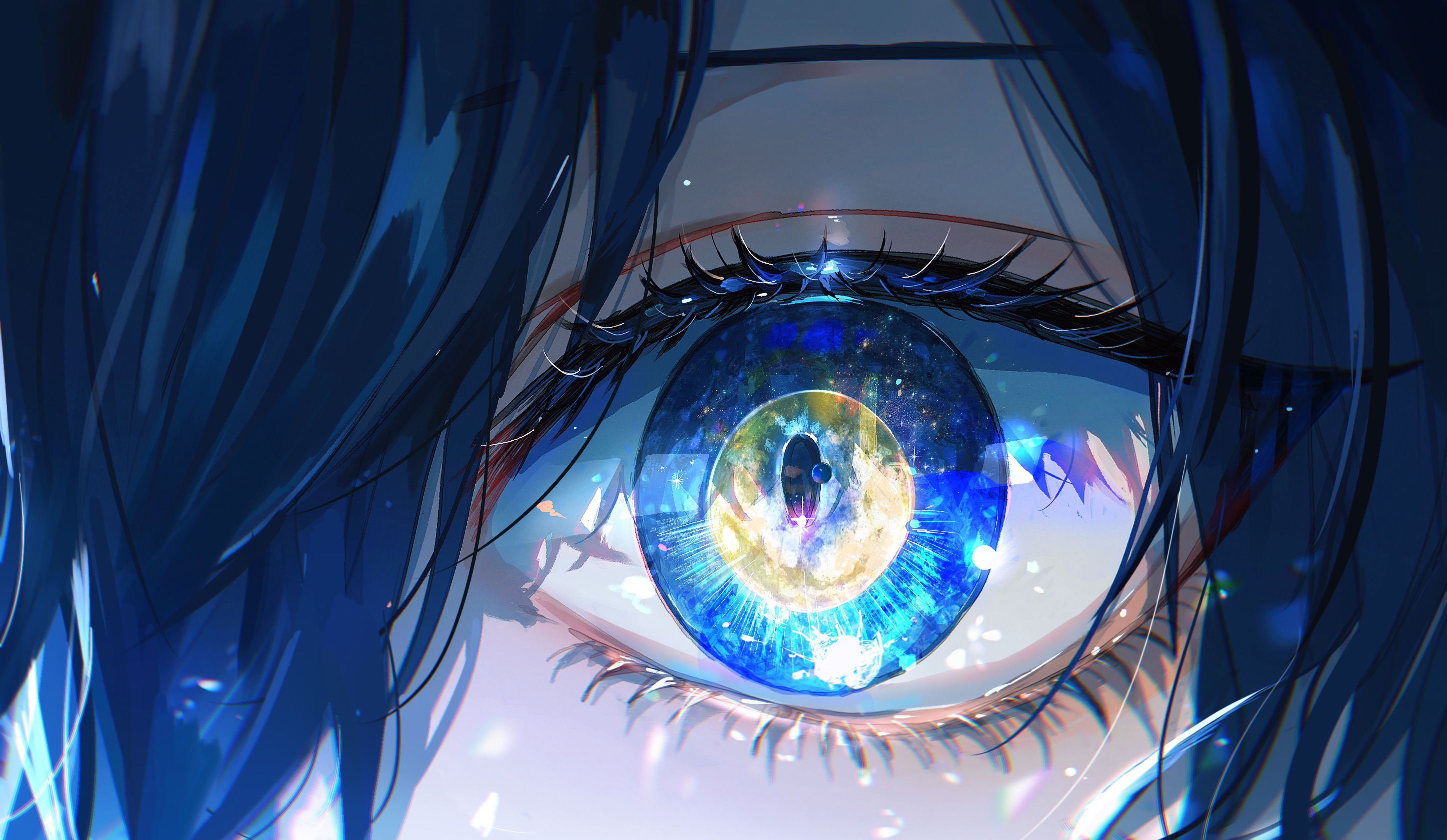asano (kazusasn), yuuki makoto (persona 3), persona, persona 3, commentary request, highres, 1boy, blue eyes, blue hair, close-up, colored eyelashes, eye focus, full moon, male focus, moon, multicolored eyes, sparkle