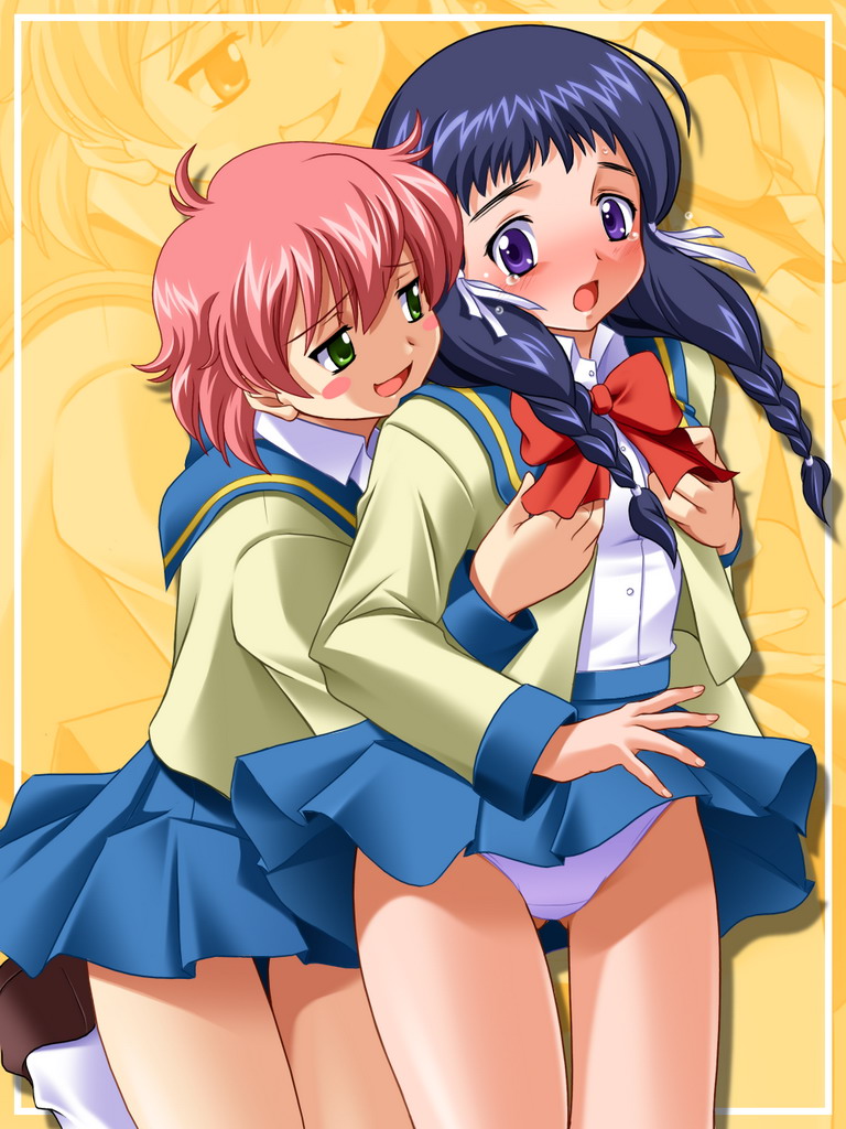anita king, hishiishi hisami, r.o.d the tv, read or die, 00s, 2girls, blue hair, blush, braid, breasts, clothes lift, grabbing another's breast, green eyes, groping, loli, multiple girls, panties, pantyshot, pink hair, pink panties, purple eyes, school uniform, serafuku, short hair, skirt, skirt lift, small breasts, tears, twin braids, underwear, white panties, yuri, zoom layer